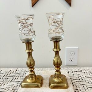 Vintage Lot of 2 Calypso Brass Elegant Gold Glass Candle Holders
